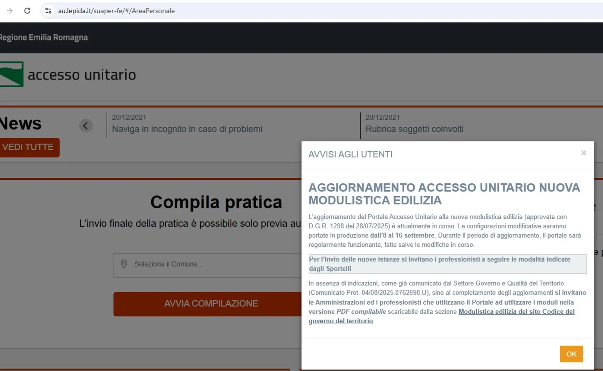 Indicazioni immediatamente operative per invio pratiche edilizie sino al 16/09/2025 compreso